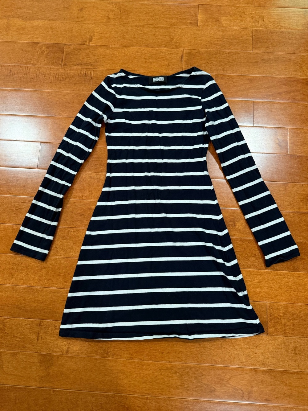 Reformation Navy & White Stripe Cotton Blend Long Sleeve Mini Dress Sz. XS